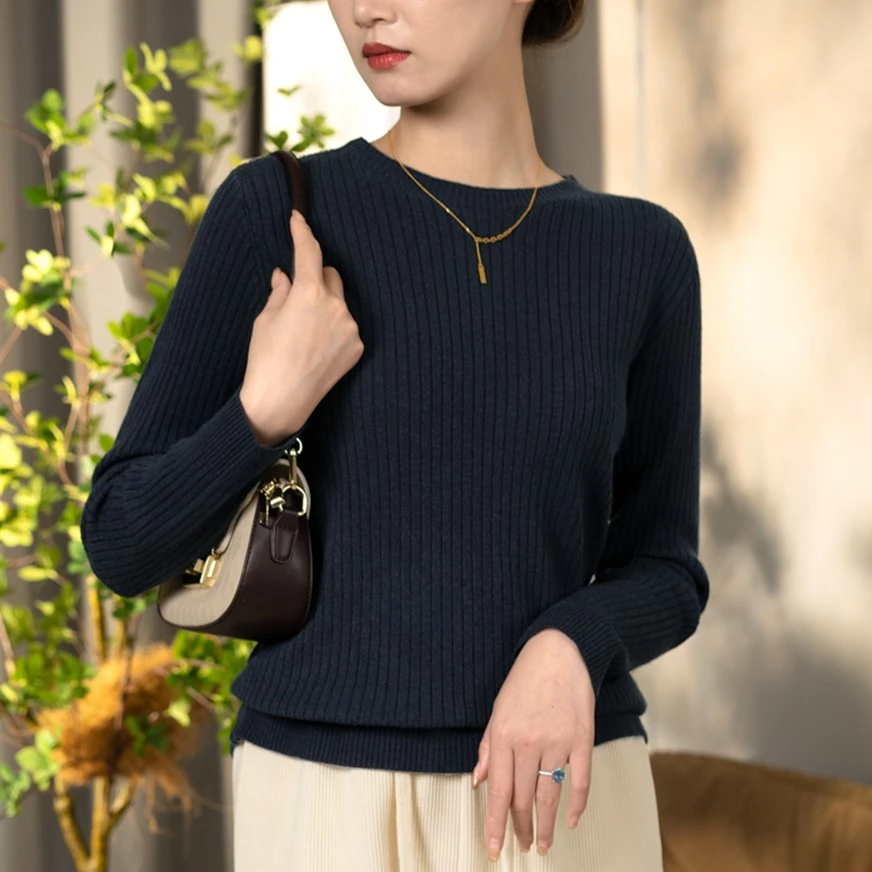 2024春季时尚圆领休闲百搭长袖修身针织衫上衣-034