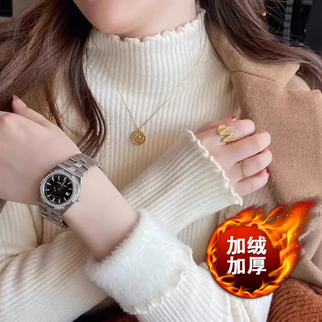 【现货一体绒】2024冬季加绒加厚时尚半高领木耳边上衣显瘦减龄HA07