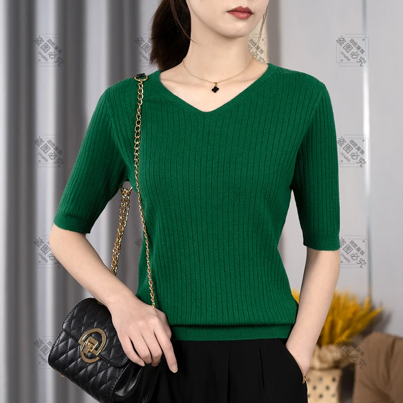 2024秋季五分袖新款简约V领时尚百搭气质洋气显瘦打底衫上衣QH