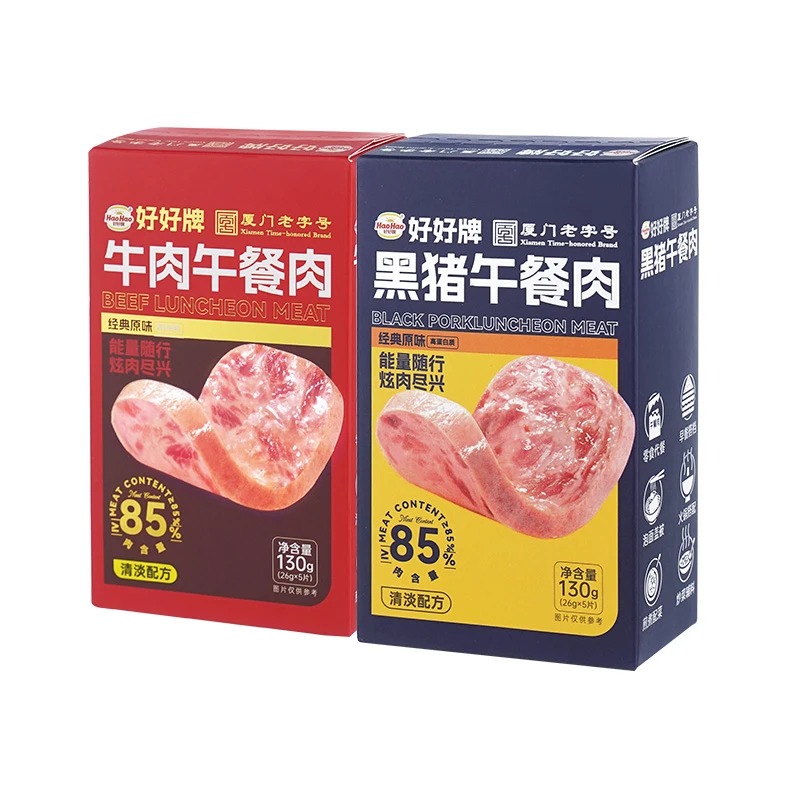 HaoHao/好好牌mini装猪肉牛肉午餐肉26g*5片*4盒85%肉含量袋装