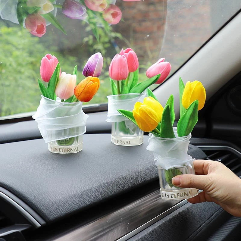 车载郁金香花束ins风汽车中控台摆件网红车内装饰品仿真小众礼物