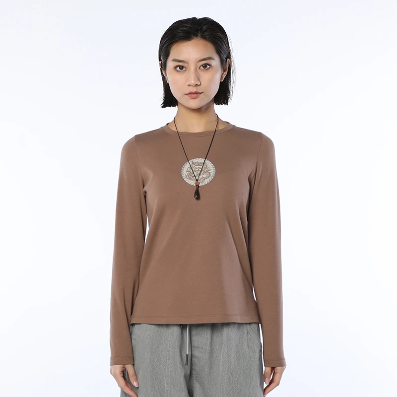 女装瑕疵品11224142修身国潮风女长袖打底衫刺绣简约百搭显瘦套头