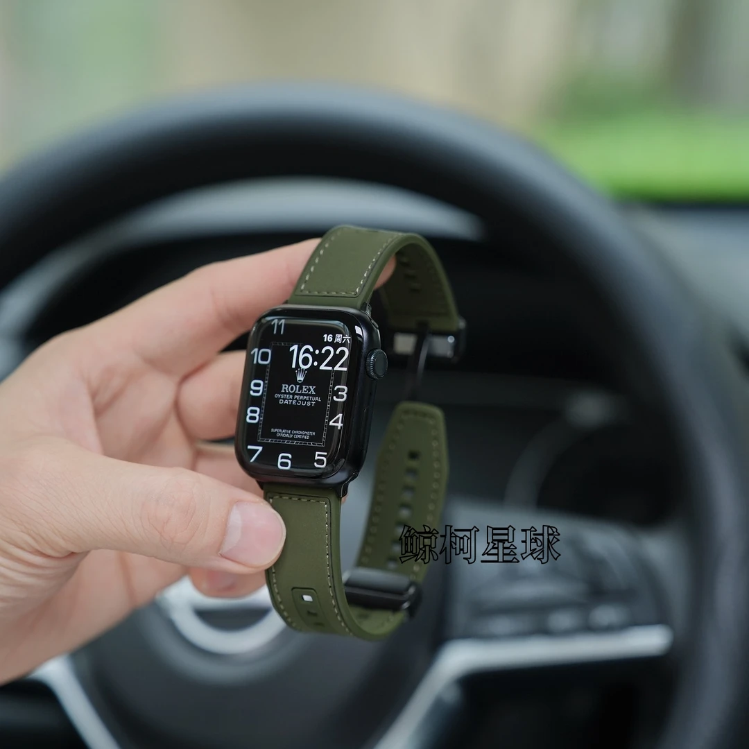 适用applewatchS10表带苹果皮质S8夏天透气7/6/硅胶磁吸SE2高级男