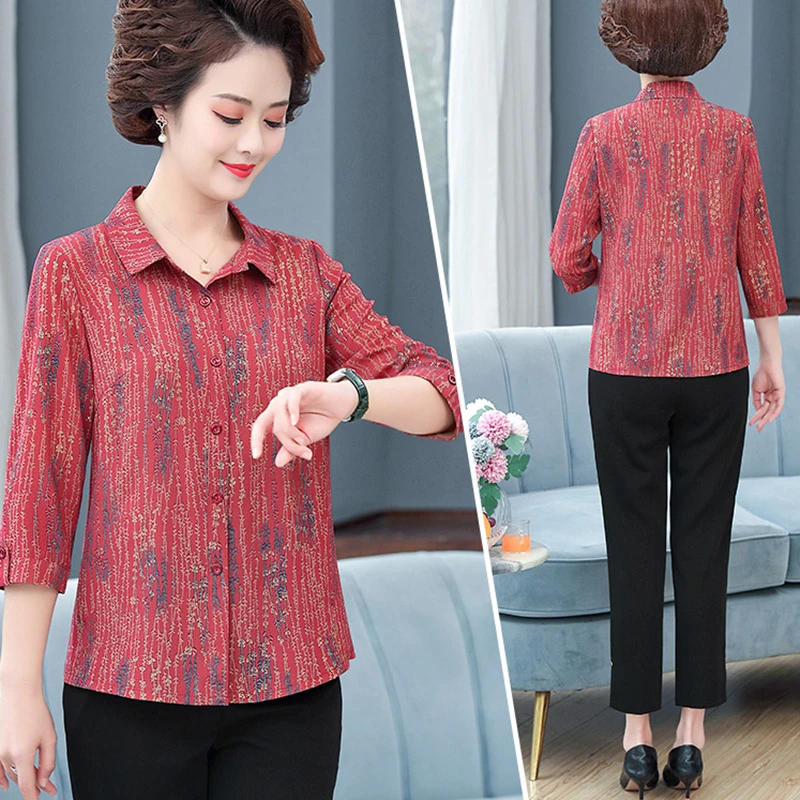 妈妈装夏装新款衬衫七分袖中年女衬衣翻领老年女夏季上衣洋气套装