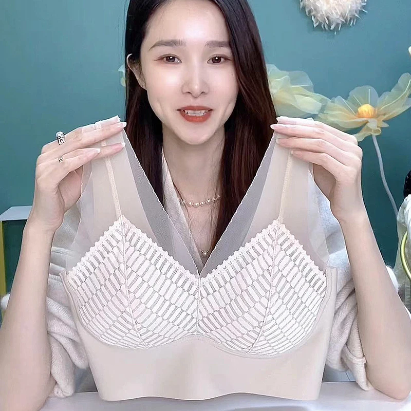 86001 无钢圈聚拢文胸美背内衣薄女无痕时尚时尚性感法式蕾丝抹胸
