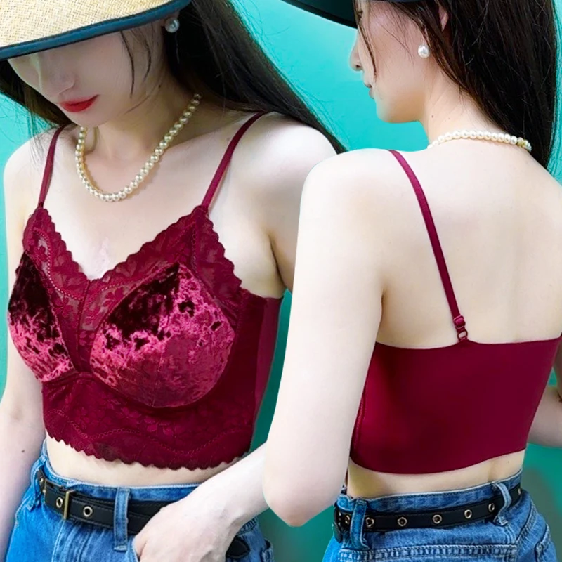 媚姬82446吊带背心女小胸聚拢舒适丝绒蕾丝打底内搭一体胸垫美背