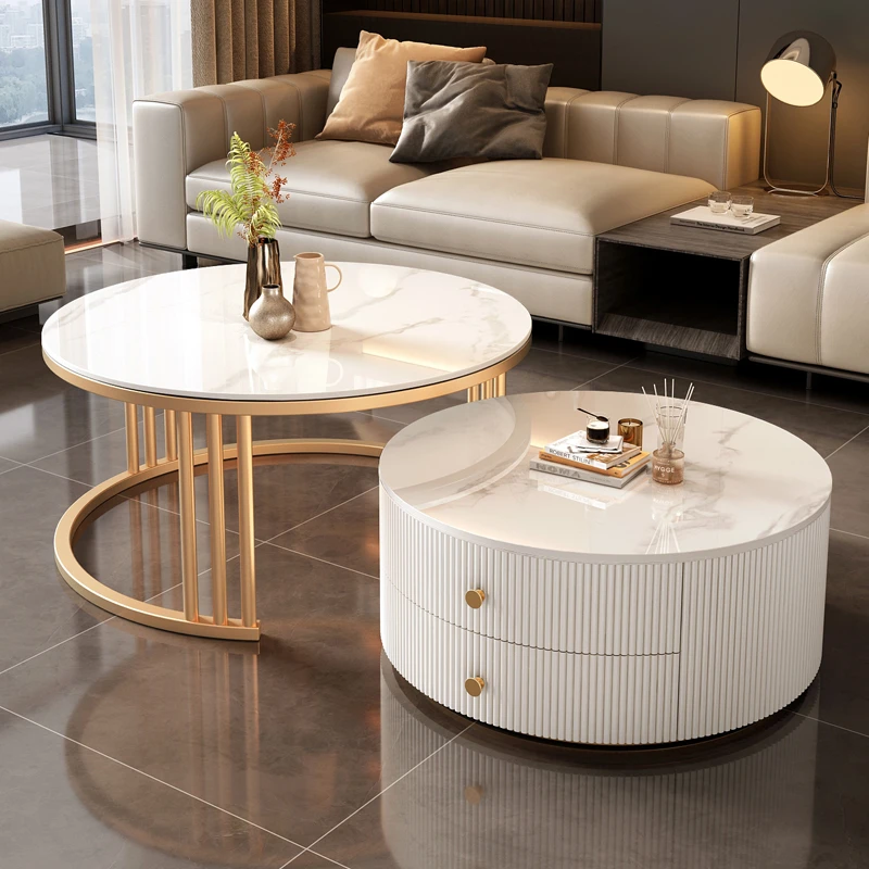 北欧轻奢设计圆形大理石岩板金属子母茶几组合客厅边几桌铁艺意式