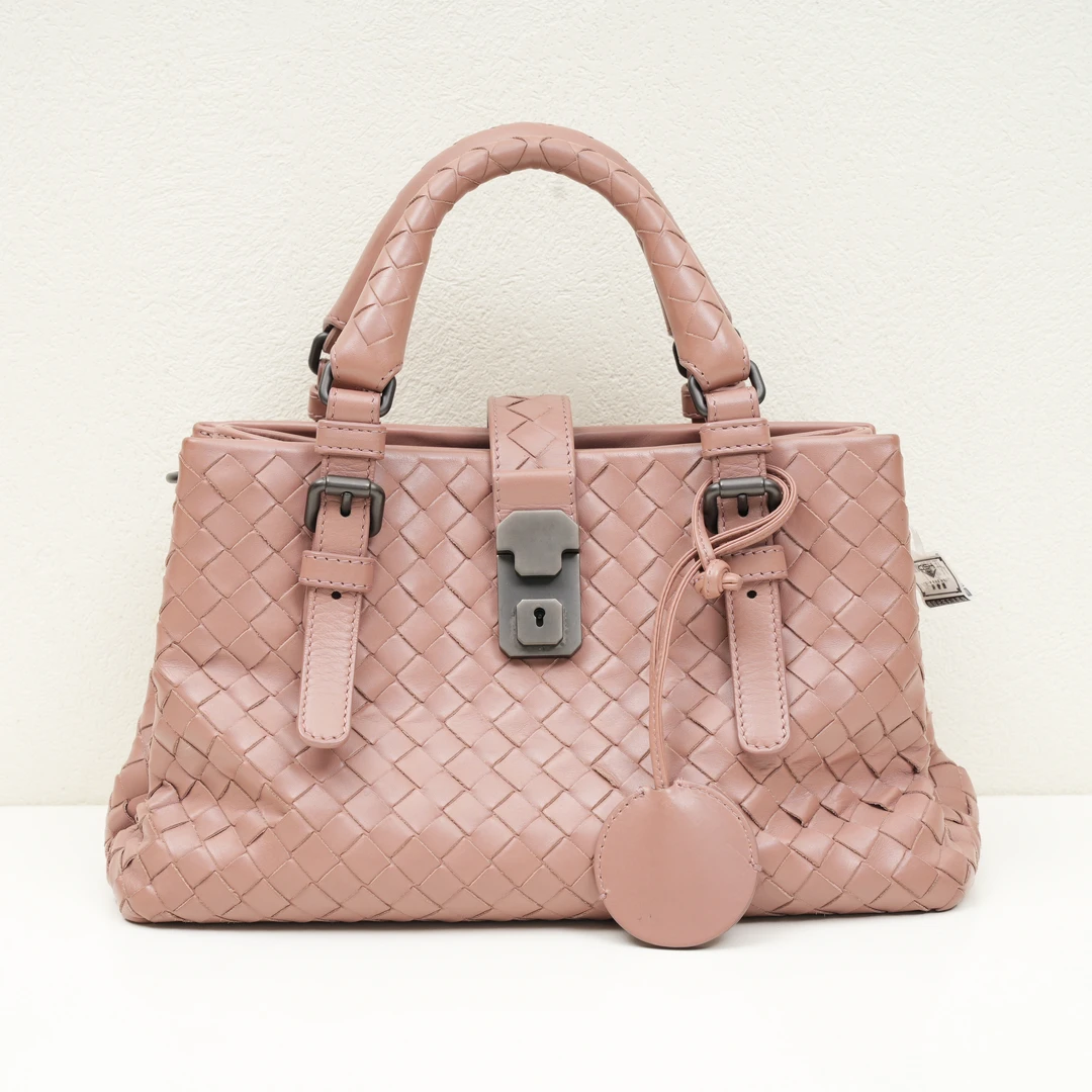 95新 BOTTEGA VENETA/葆蝶家 BV编织藕粉色罗马包小号
