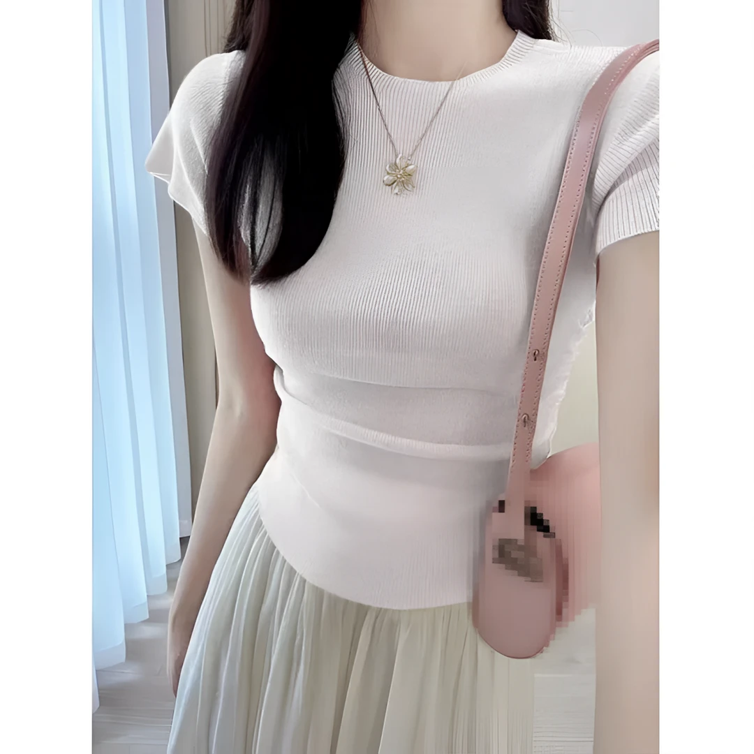 法式复古独特正肩短袖针织打底衫设计感修身T恤上衣百搭夏季薄款