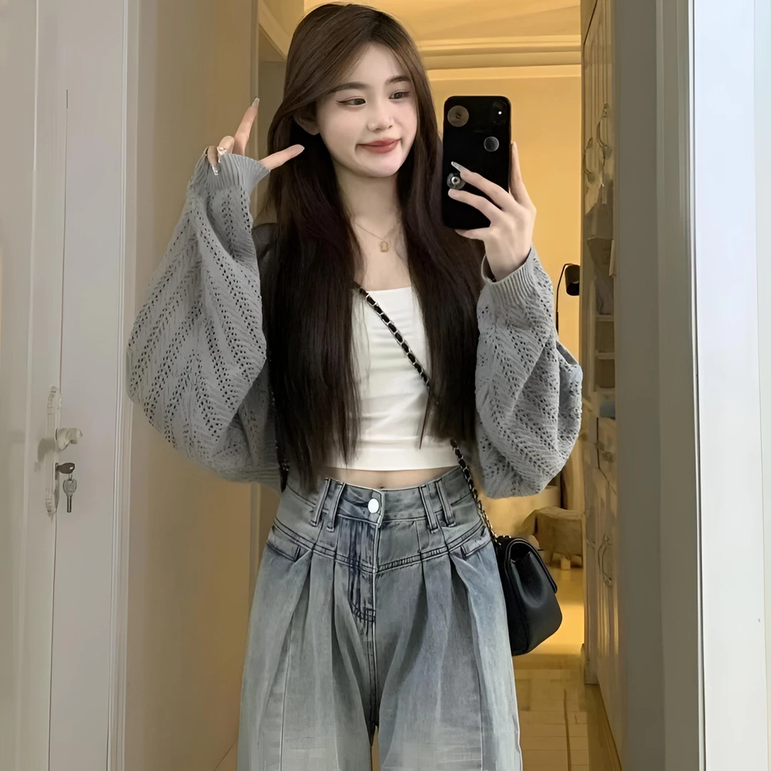慵懒风长袖镂空针织衫女2024春秋宽松百搭短款开衫上衣外穿罩衫