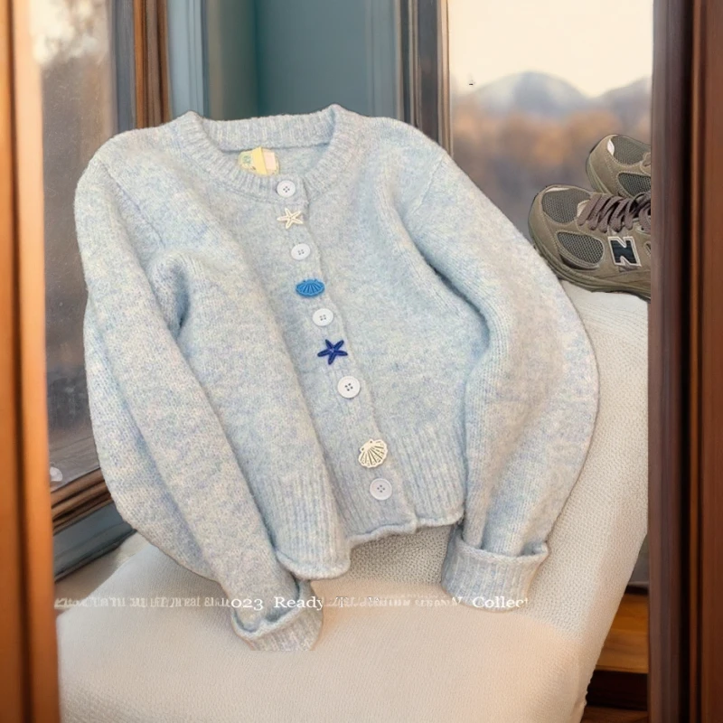 奶蓝色温柔风软糯高级感针织开衫女秋冬早春秋新款百搭小个子宽松