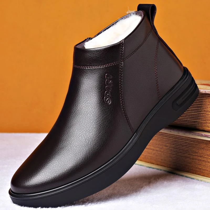 潮牌冬季男士棉鞋真皮中老年爸爸鞋加绒保暖休闲男士真皮高帮棉鞋