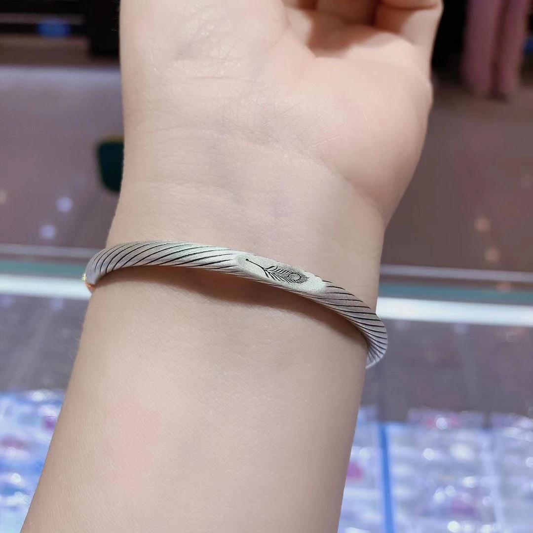 足银手镯 复古足银999.9银手镯时尚百搭申拉口哑光面