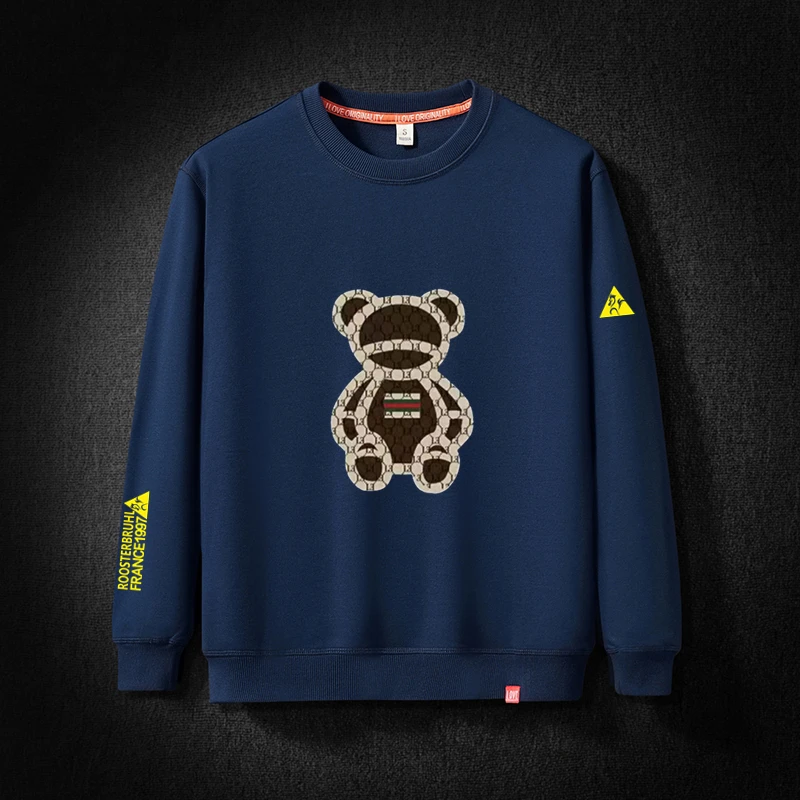 法莱尔公鸡卫衣春秋薄款宽松圆领青少年百搭加绒加厚小熊印花上衣