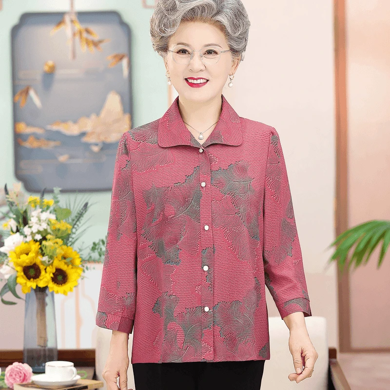 中老年人衬衫夏季女妈妈夏装七分袖减龄奶奶洋气上衣婆婆母亲7328