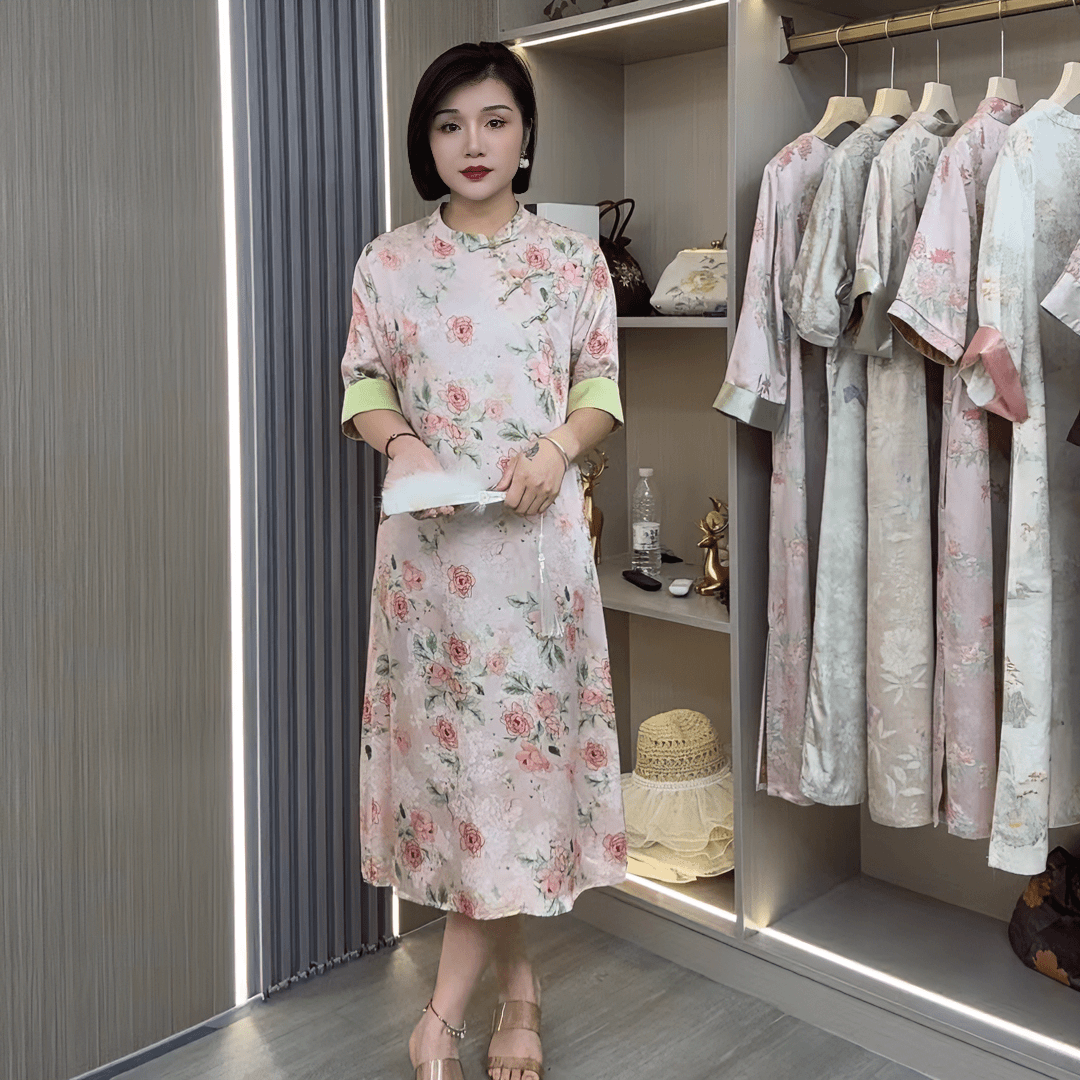 女士夏季气质时尚显瘦碎花妈妈装新中式宽松减龄中长款旗袍裙