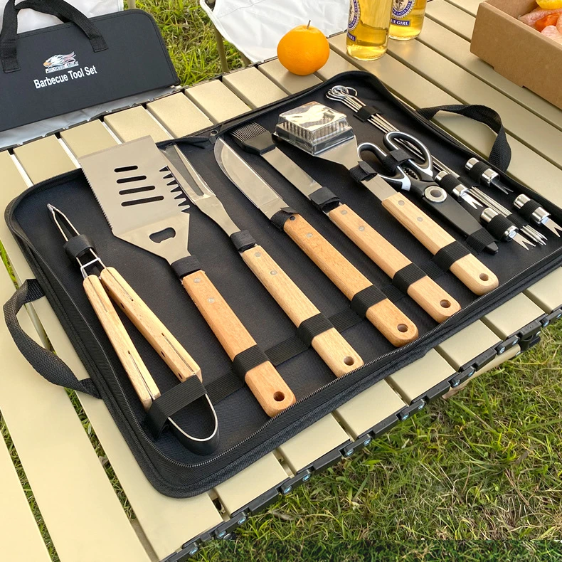 户外野营烧烤工具组合木柄叉铲夹BBQ配件布袋不锈钢烤具套装