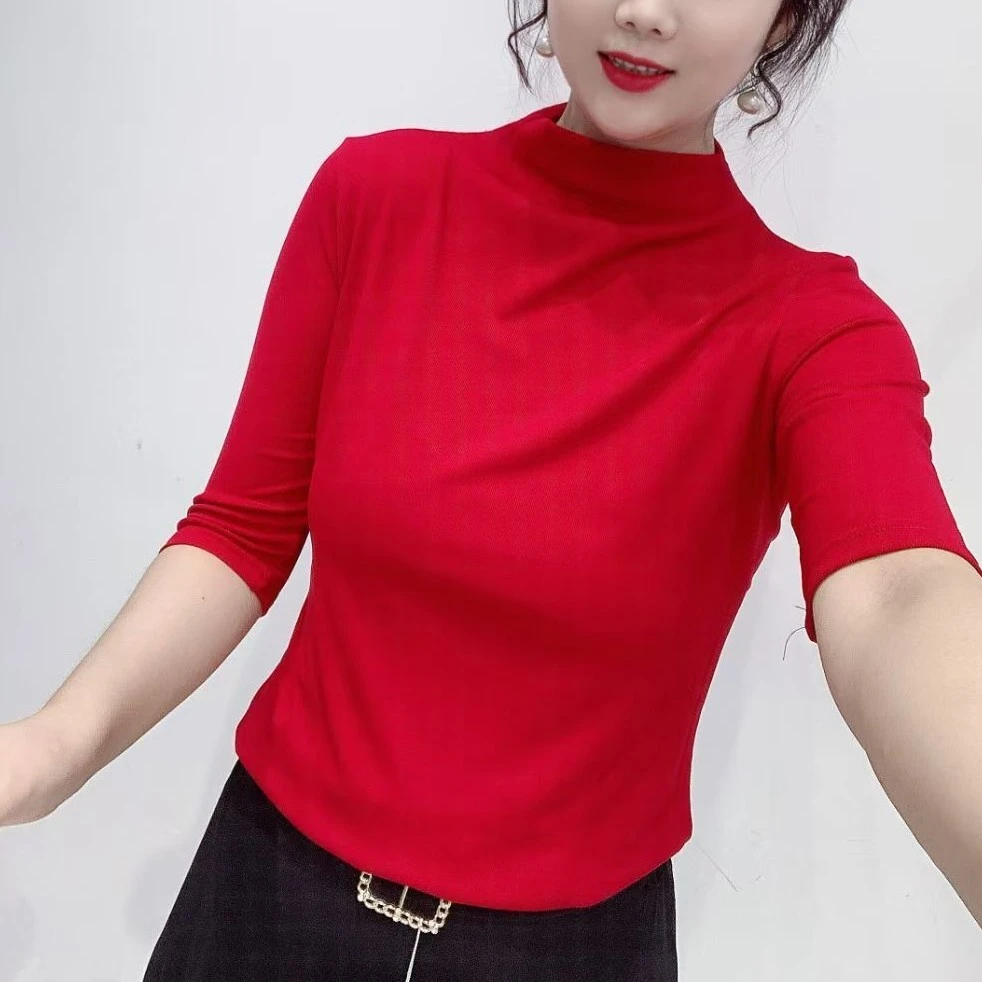 针织衫短袖小衫女秋夏2023新款洋气半高领打底衫上衣百搭时尚修身