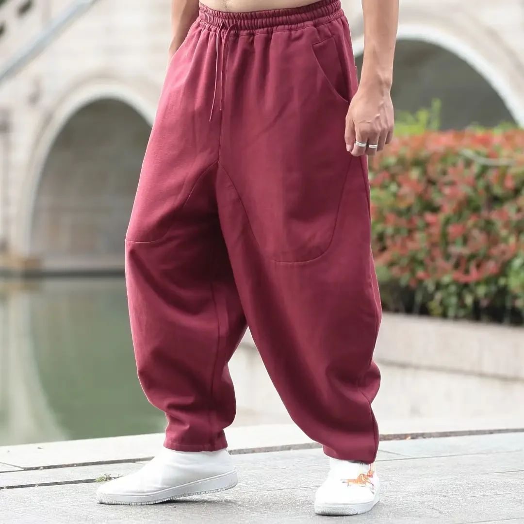 冬装新款男士棉麻加绒灯笼裤宽松舒适休闲哈伦裤