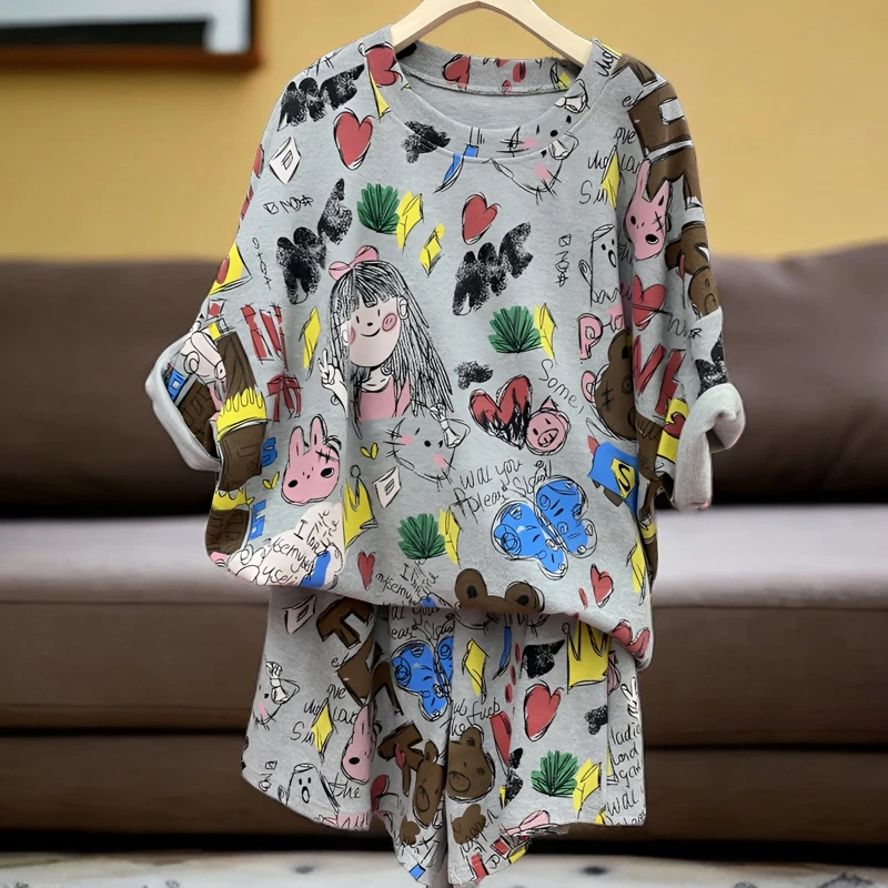 夏款卡通满印花运动洋气时尚休闲夏季薄款宽松韩版潮流短袖套装