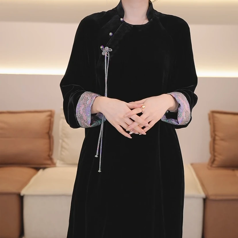 优雅与温柔共存 新中式真丝丝绒连衣裙FF22328