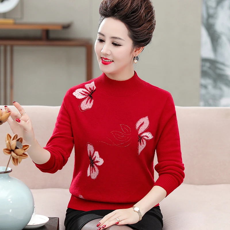 2024中老年秋冬新款100纯羊毛半高领加厚毛衣羊毛针织套头打底衫