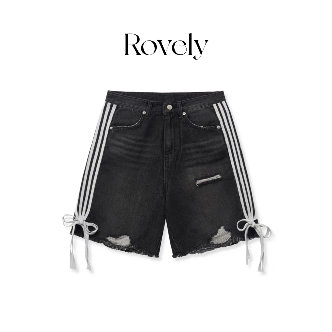 Rovely【RAMI同款】原单定制复古百搭条纹绑带水洗牛仔磨毛中裤