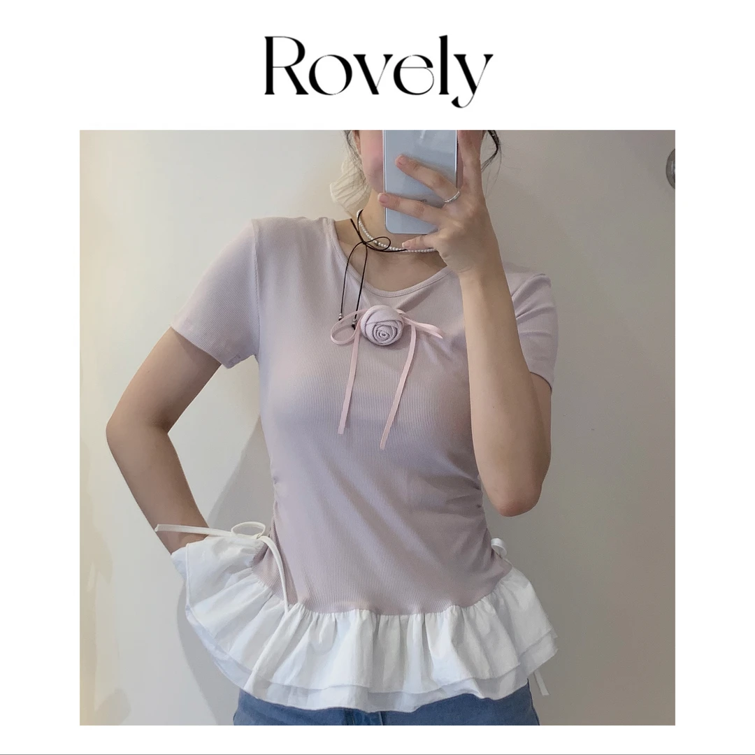 Rovely崔崔【减龄舞蹈生】东大门原单定制玫瑰芭蕾风层次裙摆t恤