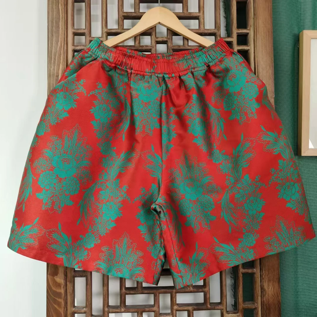 凤徕兮私人定制红底绿花全松紧中裤（LK118-2）