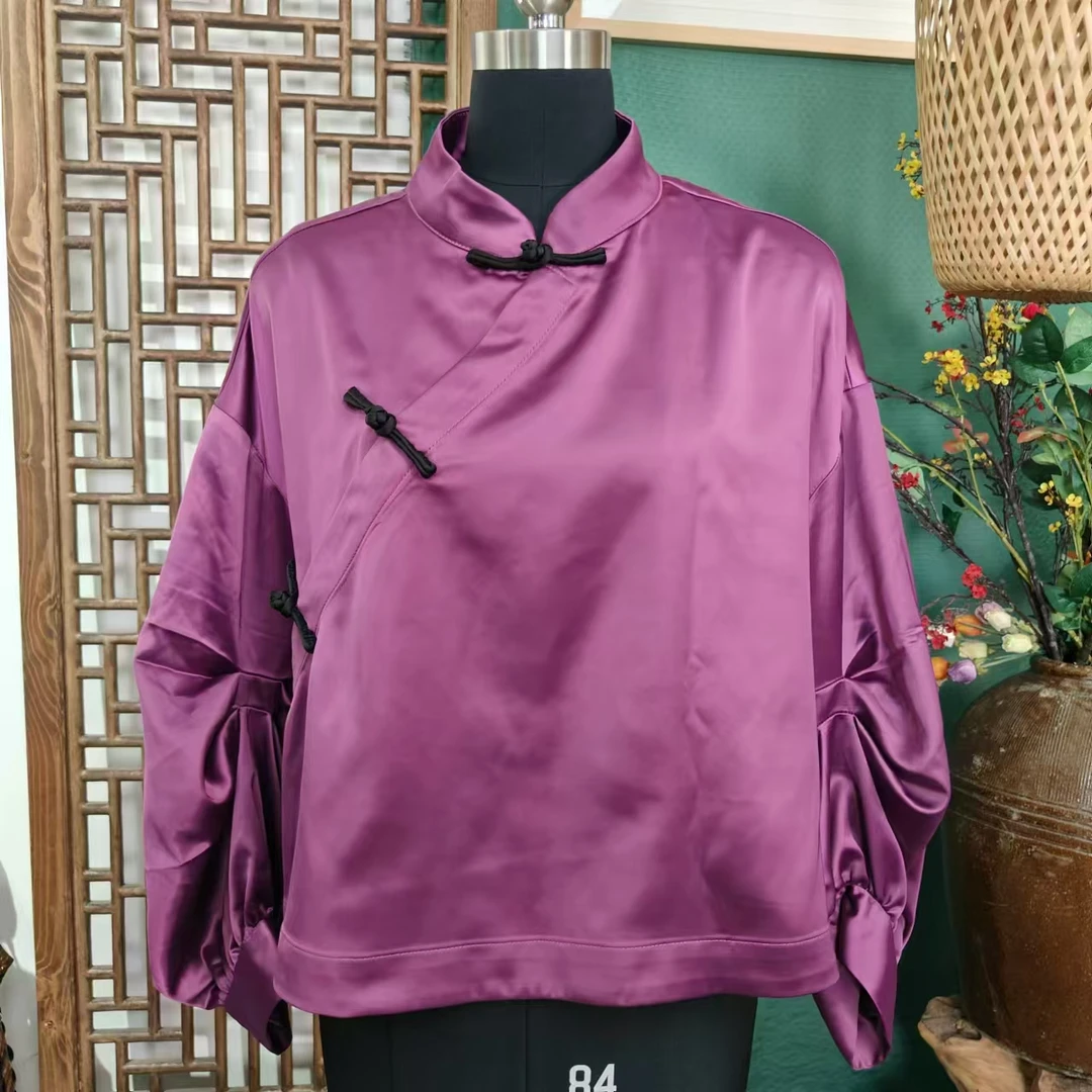 凤徕兮私人定制紫色光板捏褶袖斜襟盘扣短上衣 (SY4908)