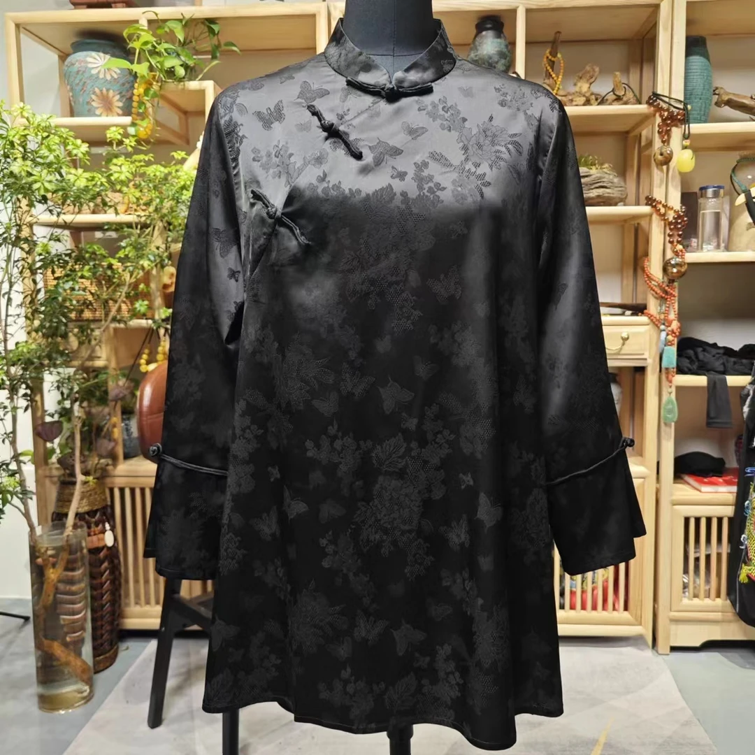 凤徕兮私人定制黑色蝴蝶暗纹盘扣小立领打底上衣HY1089