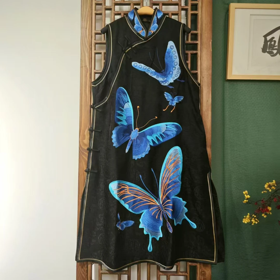 凤徕兮私人定制福禄底蓝色蝴蝶刺绣立领马甲(HM101049)
