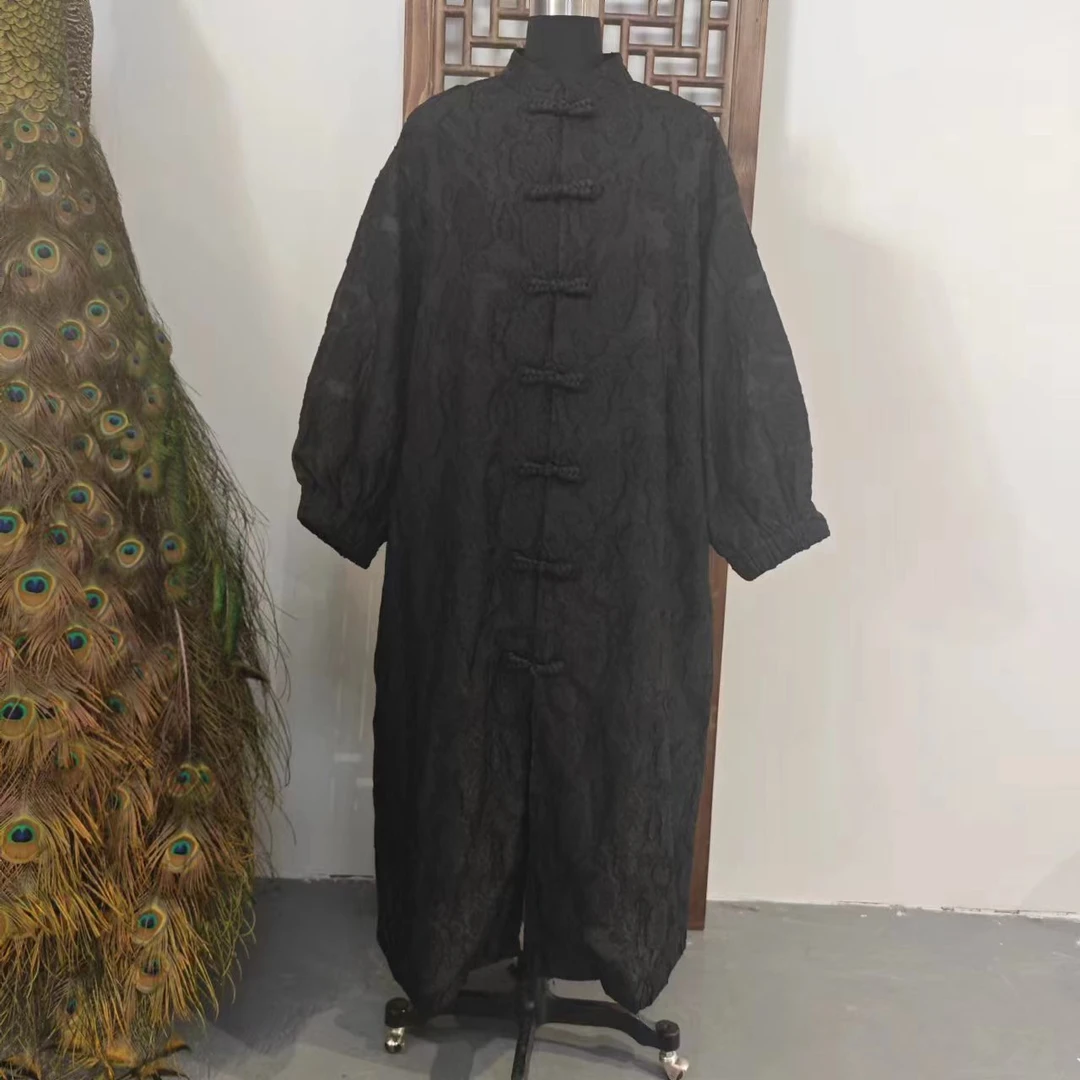 凤徕兮私人定制黑色提花盘扣立领长风衣LS218