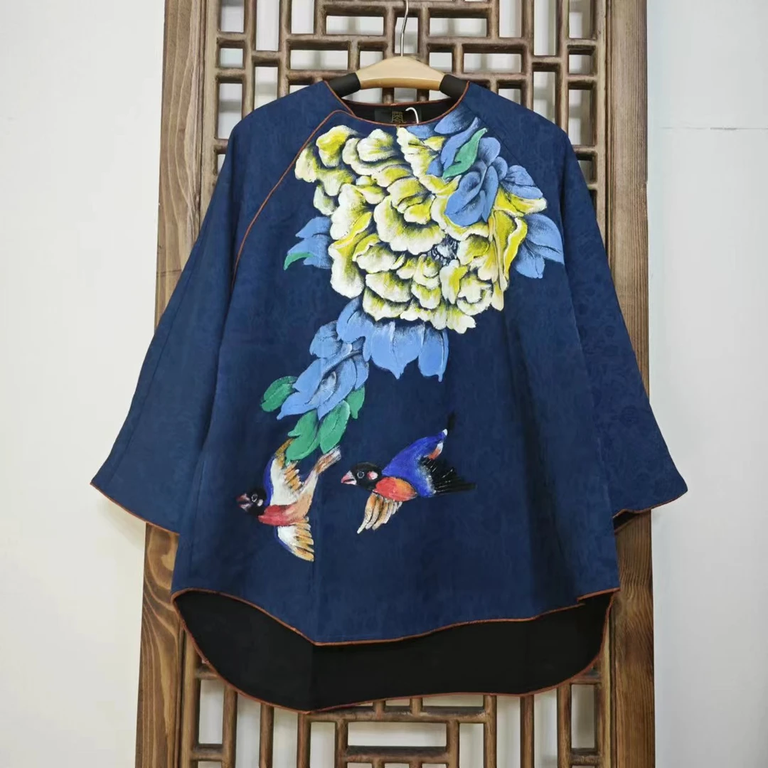 凤徕兮私人定制蓝色暗纹手绘花鸟带暗扣小上衣（NS138)