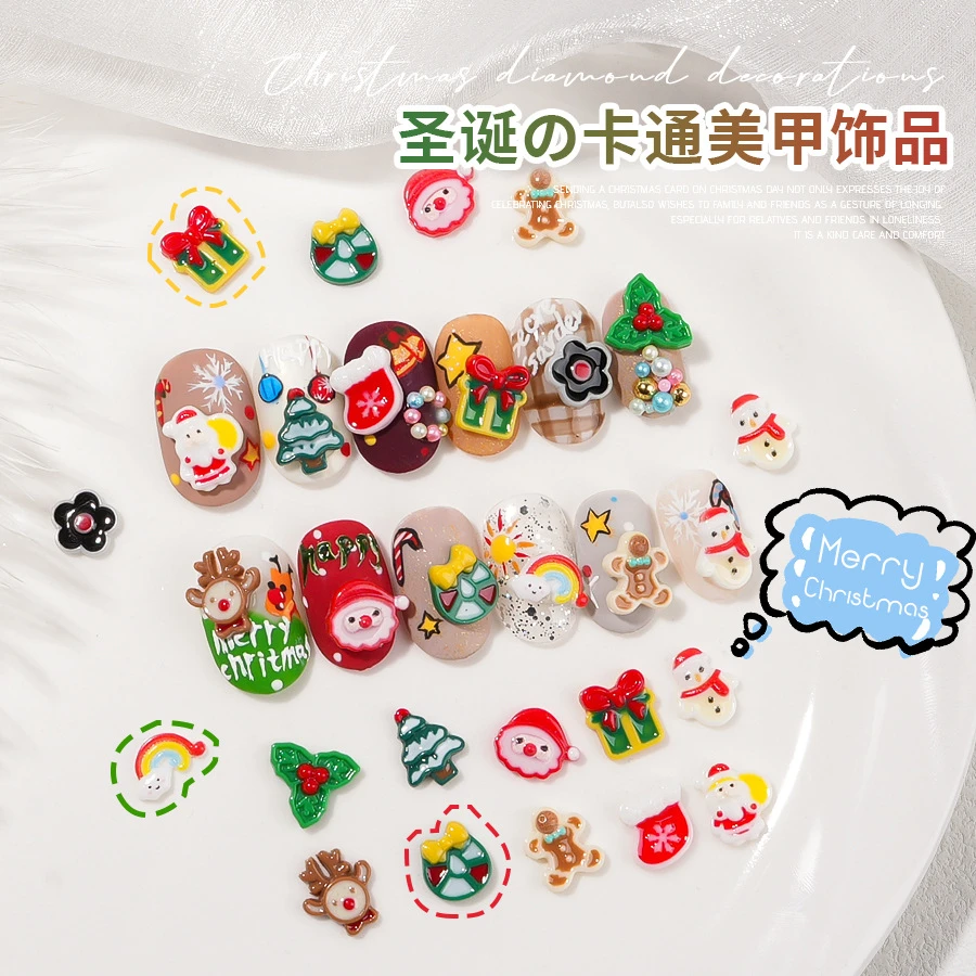 美甲饰品网红立体圣诞老人新年款圣诞雪人树麋鹿铃铛指甲装饰批发