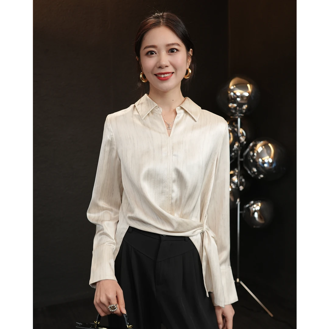 【ZSHUANG】气质时尚长袖衬衫杏色缎面女士上衣B904