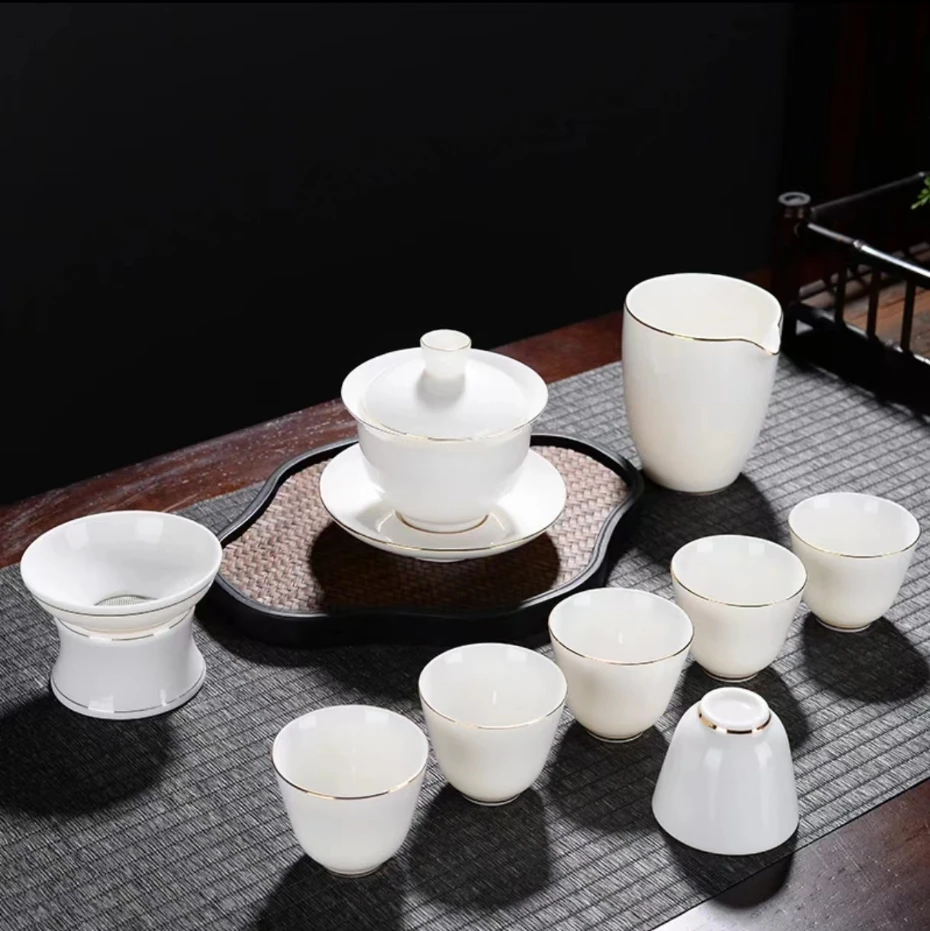 描金边羊脂玉素烧白瓷茶具套装便携茶具礼盒旅行懒人茶具茶杯陶瓷