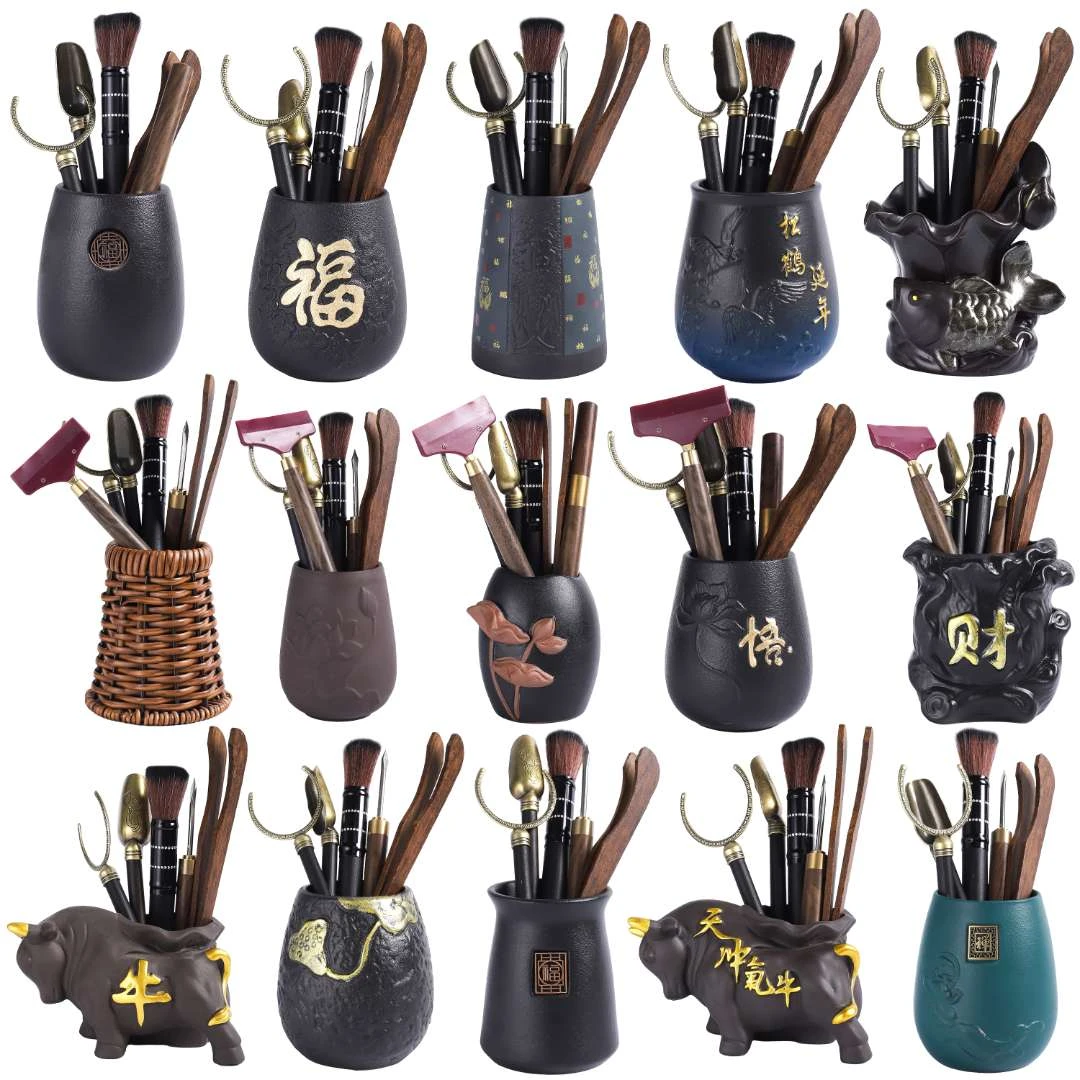 中式实木茶针茶刮陶瓷罐子便携功夫茶具配件茶道六君子泡茶工具