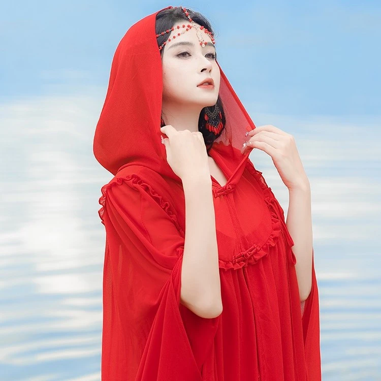 民族风新疆沙漠胡杨林云南度假大摆雪纺古风连帽长披风