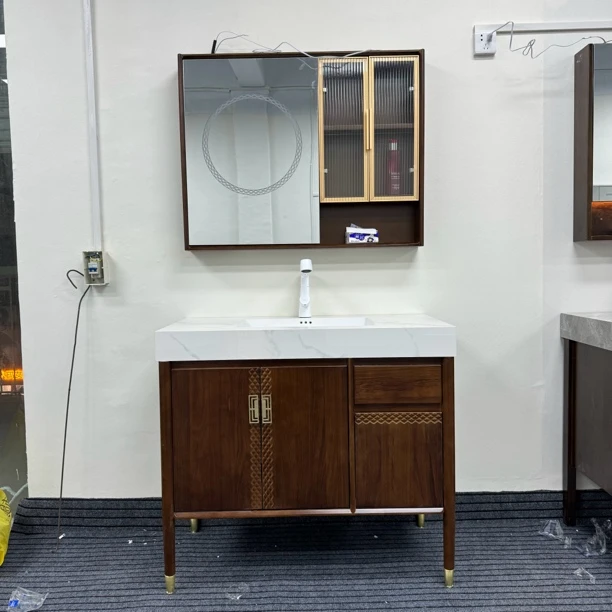 新中式乌金木橡木浴室柜岩板无缝盆卫生间洗手洗脸盆柜落地式智能