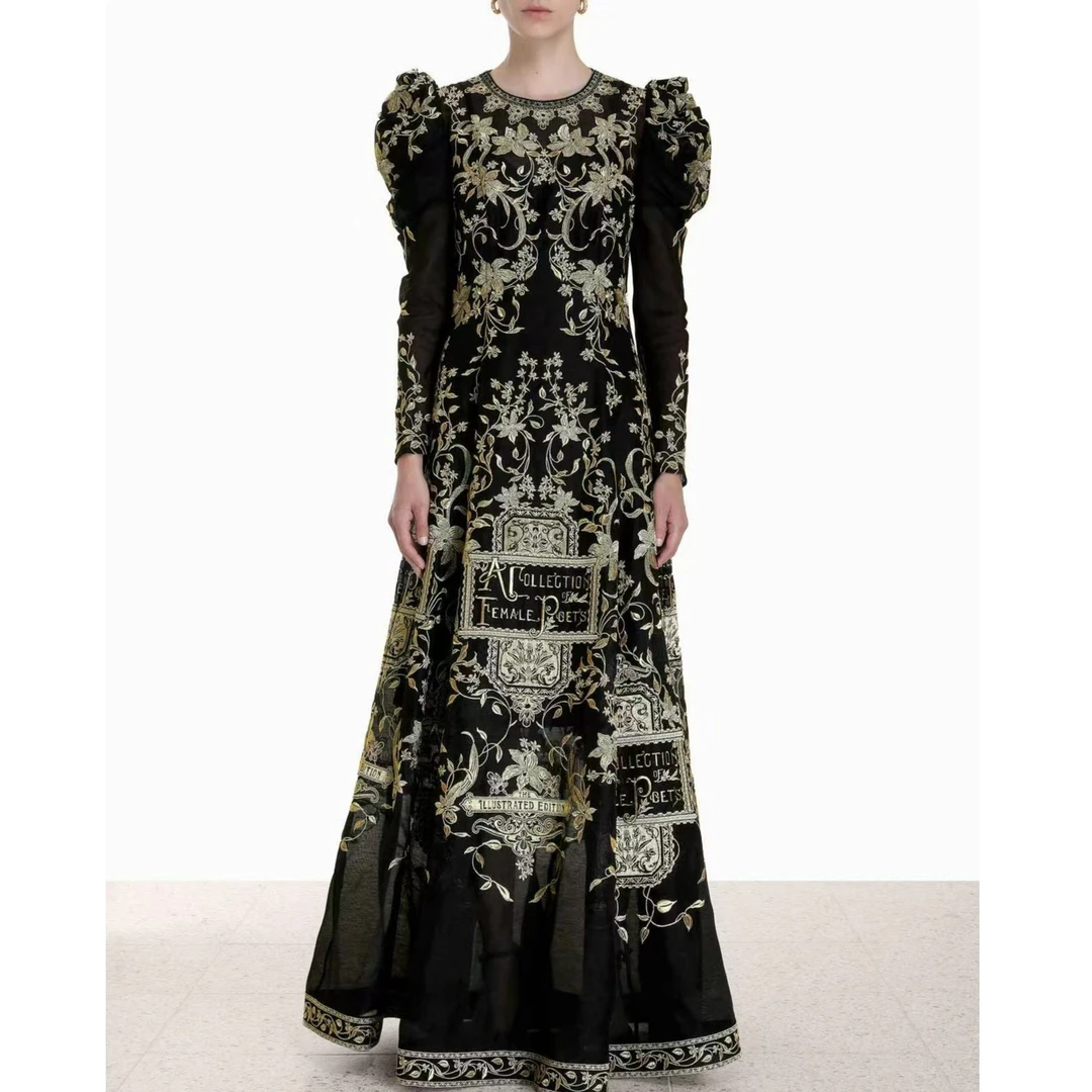 黑金刺绣丝绸亚麻长款连衣裙(显瘦时尚气场强大女主秋冬新款礼服)