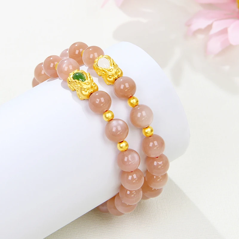 黄金手链粉色太阳石金貔貅手串手串手串珠貔貅女士手串手链月光石