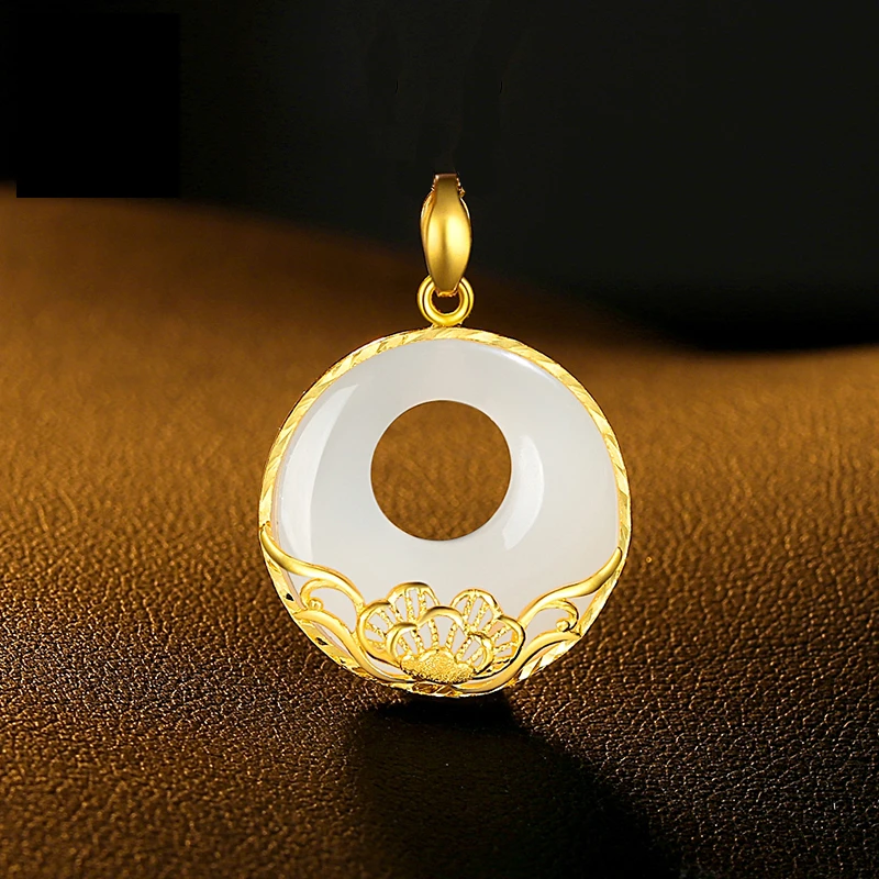 足金999莲花吊坠妈妈黄金金镶玉黄金时尚挂坠黄金吊坠玉石挂件