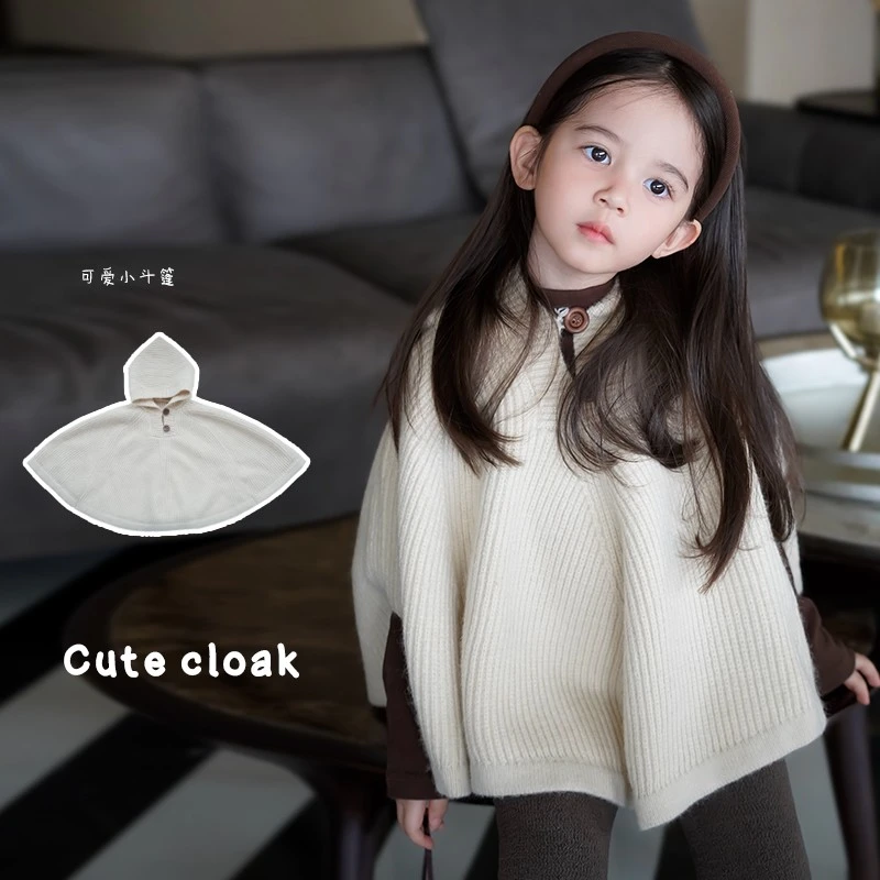 AnnieGirl秋季新款女童连帽毛衣斗篷气质针织宝宝秋款防风2024
