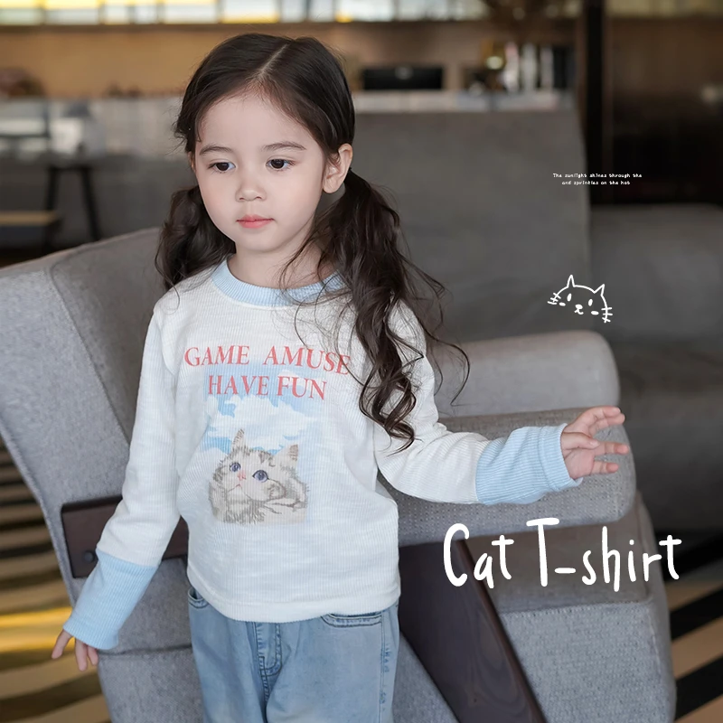 AnnieGirl女童春装长袖卡通T恤女宝宝猫咪卡通修身打底衫儿童上衣