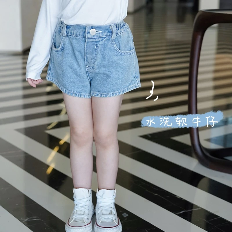 AnnieGirl夏季新款韩版百搭休闲出街水洗宽松软牛仔短裤气质女童