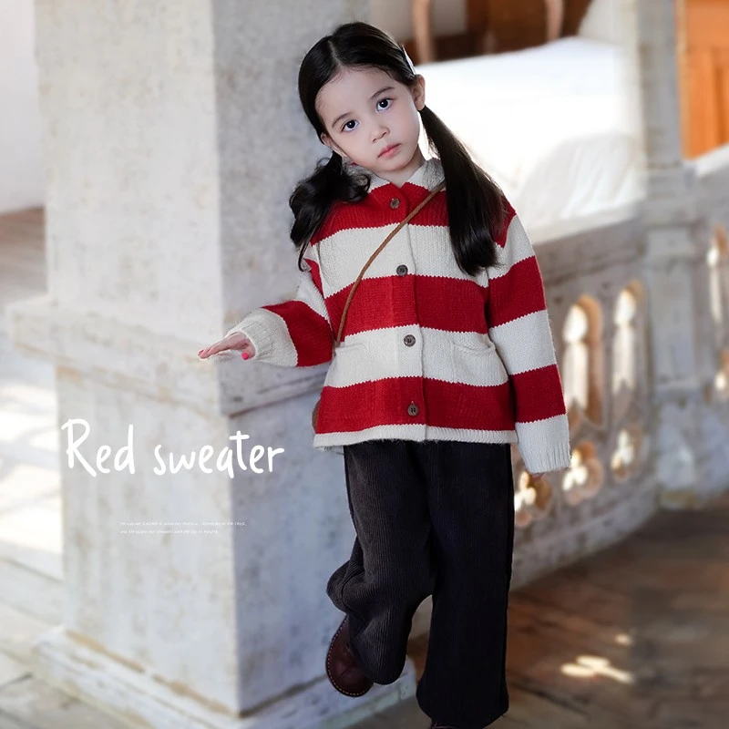 AnnieGirl秋冬美丽诺红色条纹精灵帽毛衣开衫男女童针织外套2024