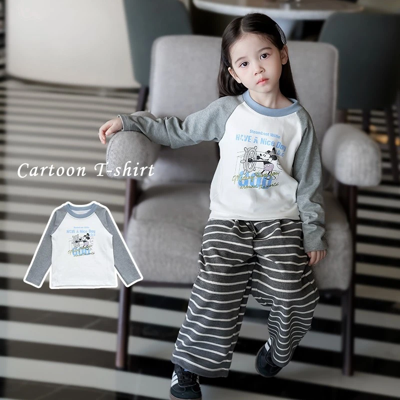 AnnieGirl美式休闲风长袖T恤弹力插肩袖女童秋季百搭圆领上衣2024