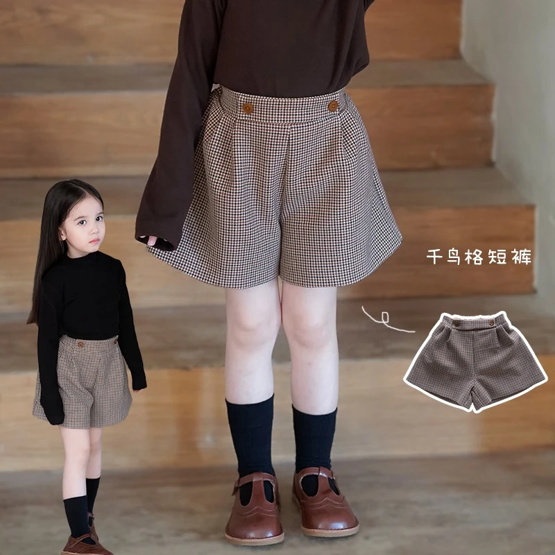 AnnieGirl法式复古千鸟格短裤女童秋季新款气质百搭宝宝裤子2024