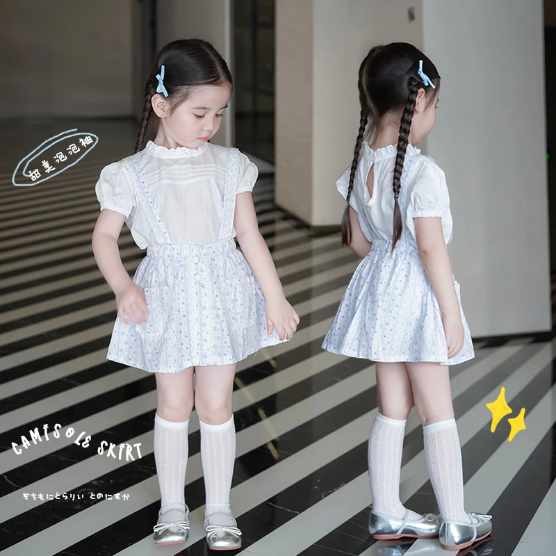 AnnieGirl女童碎花夏季清新甜美纯棉白色花边衬衫薄款背带裙套装